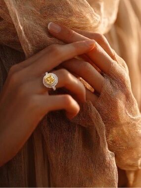 925 Silver Ring with Sparkling Yellow Zircon & Double Halo Design